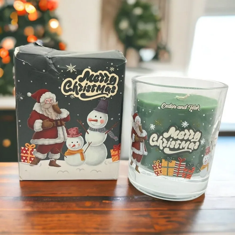 Cedar & Teak Scented 8 oz Smokeless Soy Wax Candle Glass Jar Merry Christmas NEW